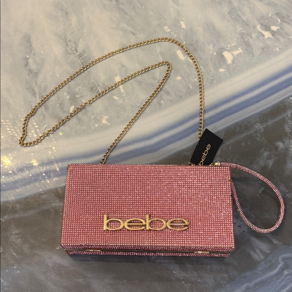 Bebe Sparkling Pink Clutch with Gold Chain